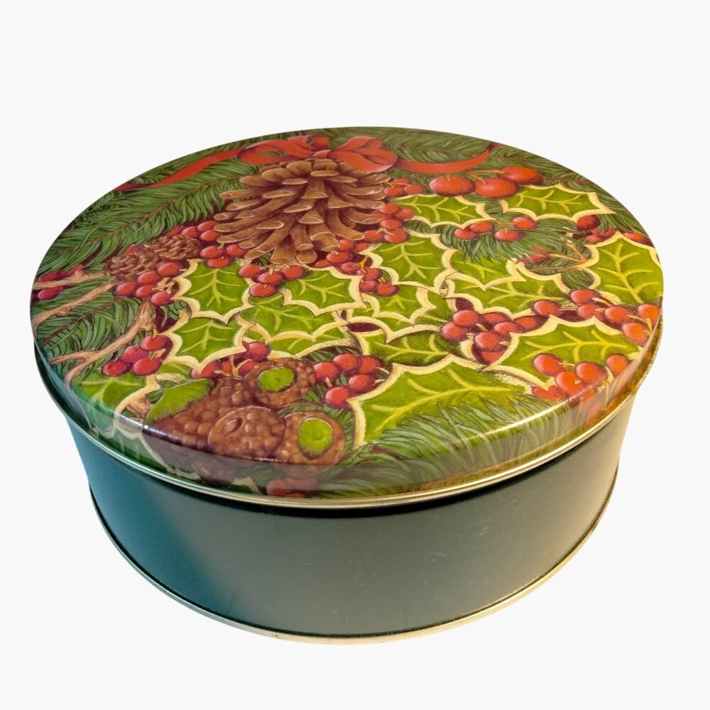Christmas Cookie Round Tin Pinecone Holly Holiday Round Metal Canister